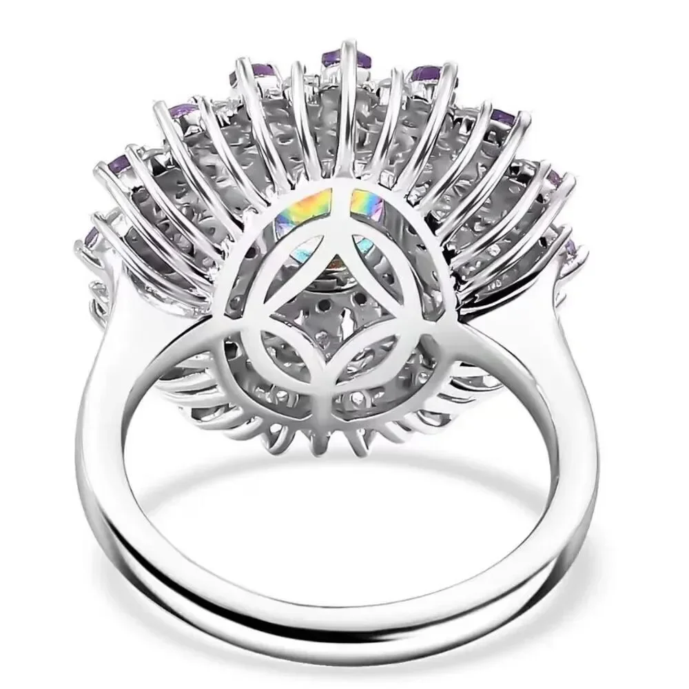 Nebula Quartz Doublet and Multi Gemstone 3.40 ctw Galactic Bloom Sterling Ring 7